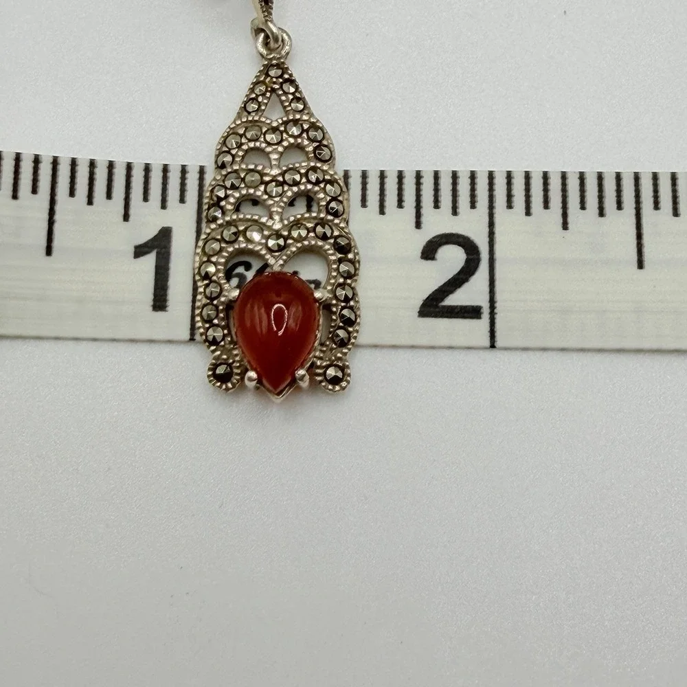 Vintage Sterling Silver 925 & Red Agate Marcasite Dangle Earrings Estate Formal